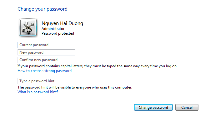 Password hint Windows 7