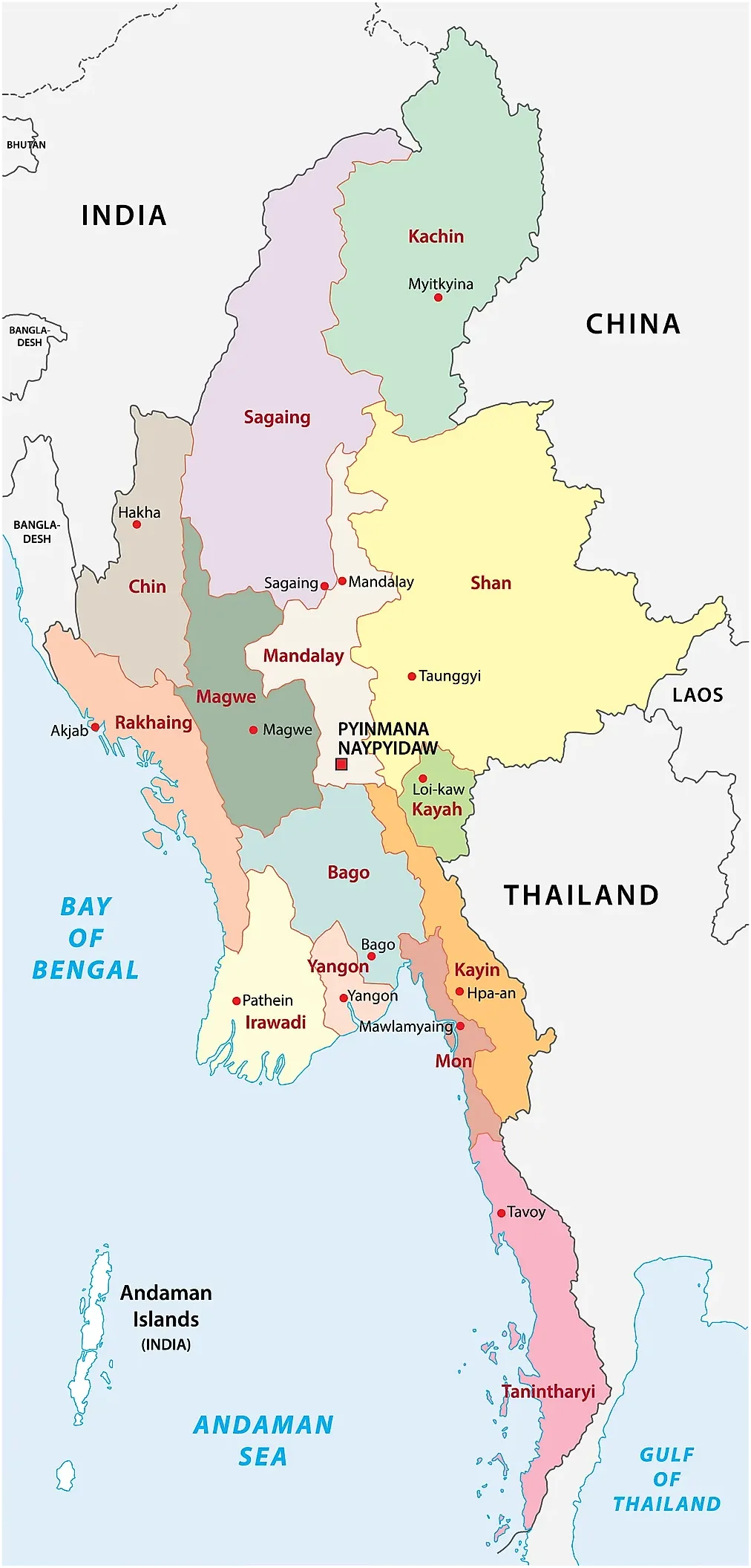 Regions of Myanmar map (các khu vực trên bản đồ Myanmar)