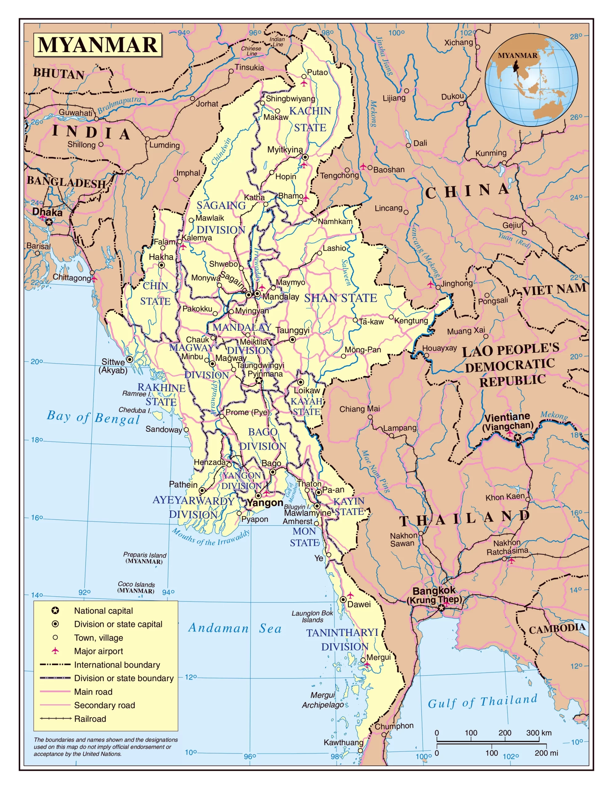 Bản đồ chính trị và hành chính của myanmar với đường bộ đường sắt và sân bay