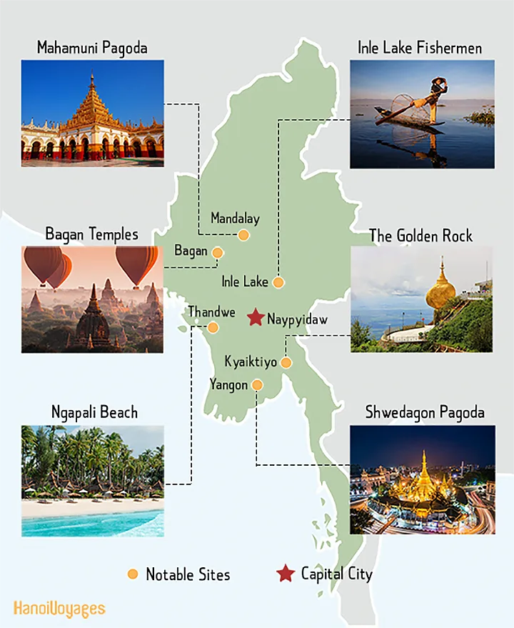 Các điểm du lịch nổi tiếng tại Myanmar trên bản đồ (Famous tourist attractions in Myanmar on the map)