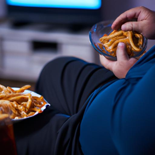 Người béo đang ăn đồ ăn vặt trước TV