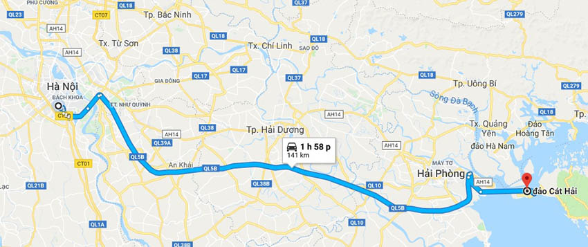 Từ Hà Nội đi Cát Bà bao nhiêu km?